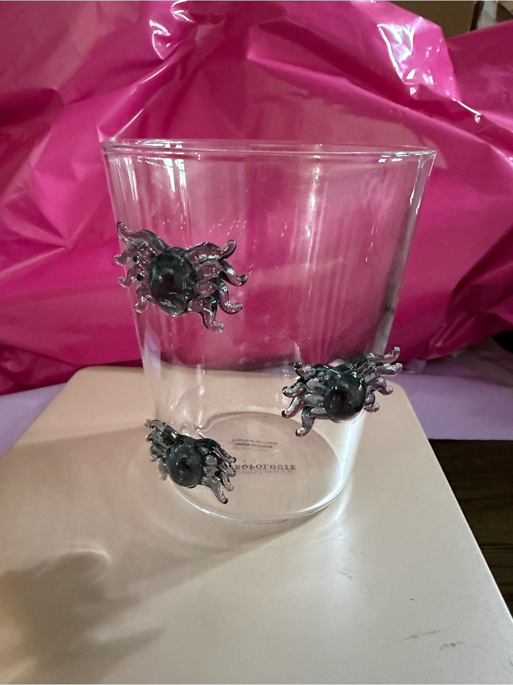 Anthropologie Clear Glass Tumbler with Black Spider Accents
